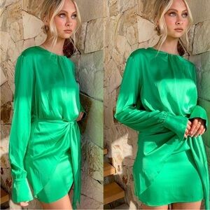 Runway Scout Green Sateen Front Tie Long sleeve mini Dress with Bishop Sleeves